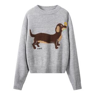 MARDI韩式卡通腊肠狗圆领针织衫女春冬减龄可爱毛衣珐琅灰少女