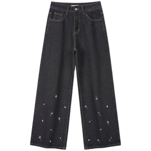 JMwomen像雨点般点缀高腰直筒印花牛仔裤女春秋日系垂感裤子