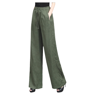秋季亚麻阔腿裤女士系带松紧腰休闲裤大码女裤棉麻裤子直筒长裤子