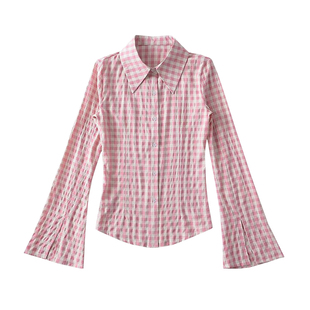 YoungGirlDay欧美辣妹翻领单排扣修身显瘦开叉喇叭袖格子衬衫上衣