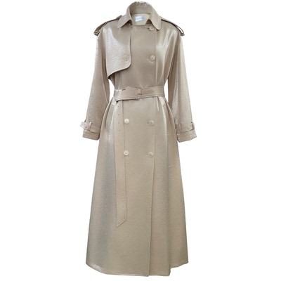 亚麻琉璃光感宽松长袖裸色长风衣