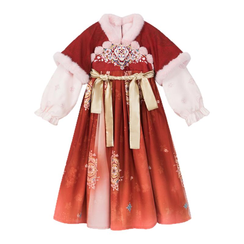 女童秋冬新款红色中国风汉服裙
