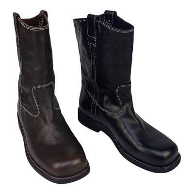 可媚方头牛皮车缝线防水台西部靴