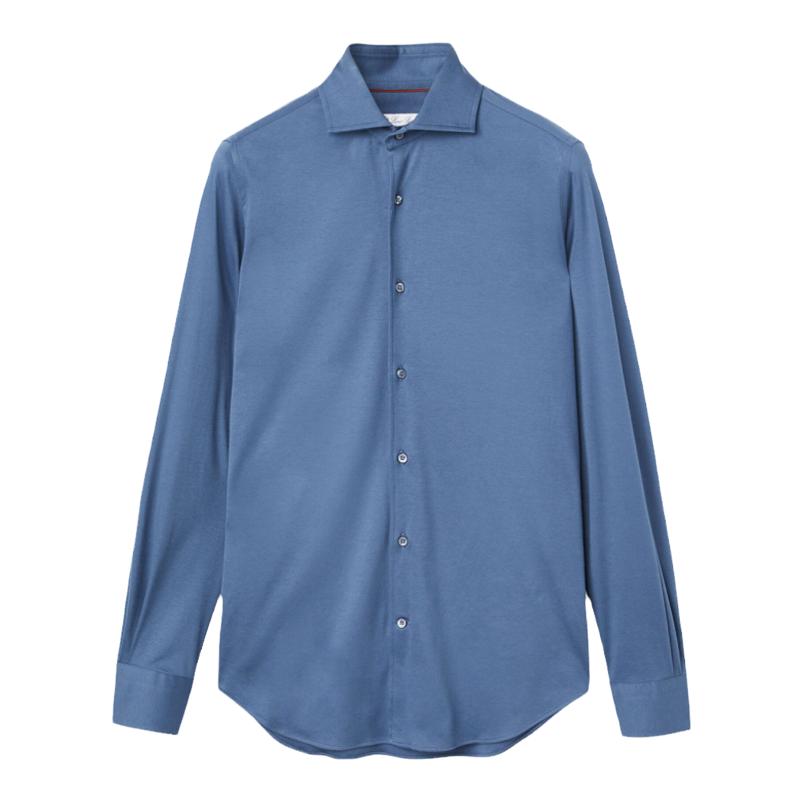 Loro Piana/诺悠翩雅男装蓝色棉质尖领长袖针织衬衫