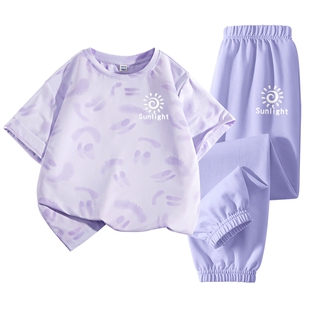 拉夏贝尔儿童运动套装2026新款女童夏季薄款两件套男童防晒t恤潮