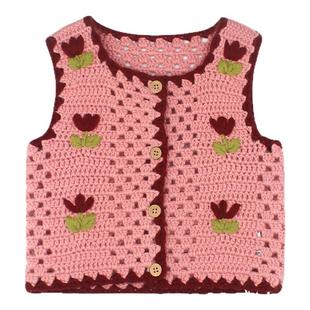 大耳象女童手工绣花毛衣马甲秋季新款宝儿羊毛混纺镂空针织上衣