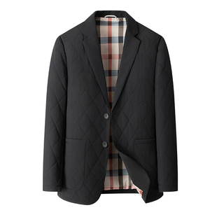 秋冬季菱形格轻薄款棉衣外套男士领导爸爸含桑蚕丝西装领行政夹克