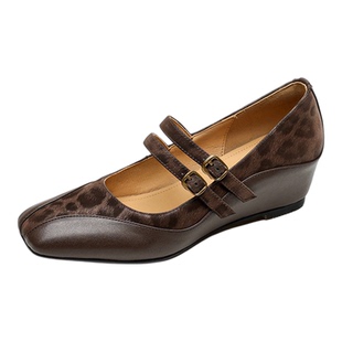 6cm内增高浅口单鞋女2025秋季新款方头豹纹一字扣带高跟玛丽珍鞋