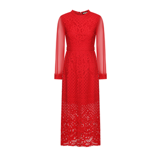 【蕾丝】GEGINA吉吉娜新春红色喜庆气质高腰纱袖长袖中长款连衣裙