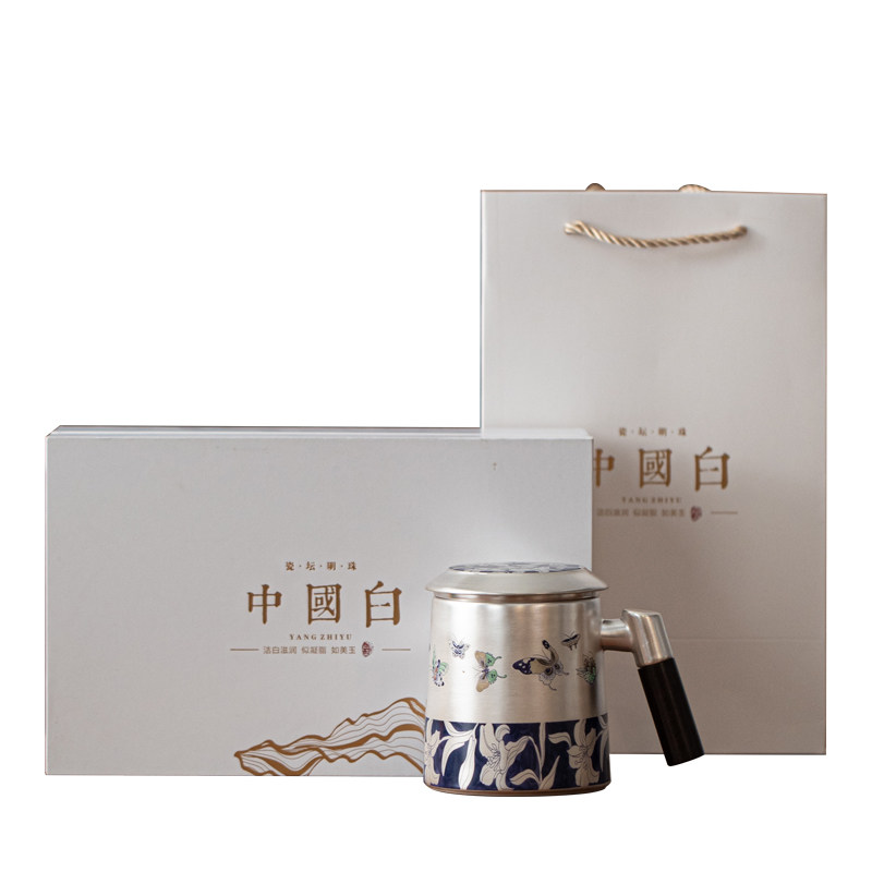 蕴华堂蝶舞百合木柄过滤杯办公杯鎏银陶瓷马克杯茶水分离喝水杯
