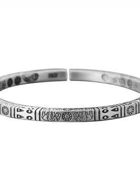 玛雅图腾s925银手镯森系实心情侣