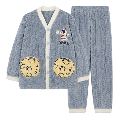 儿童珊瑚绒睡衣男童2025新款秋冬中大童法兰绒男孩加厚家居服套装