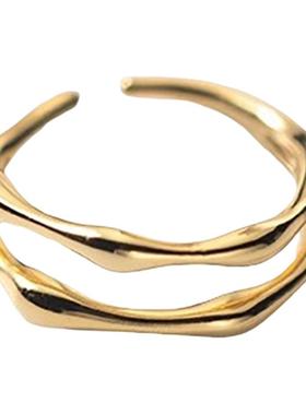 S925银双环镂空戒指女简约双层竹节尾戒时尚开口关节戒显瘦手饰