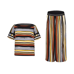 马奴天奴2025春夏新款灰色条纹两件套装撞色短袖上衣宽松休闲裤女