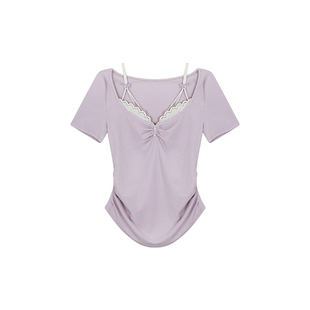 安妮不火 假两件花边拼接领莱赛尔高弹T恤女微胖大码纯欲收腰上衣