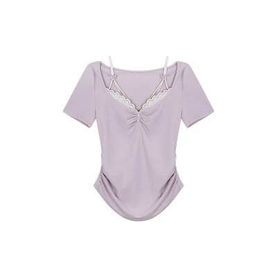 安妮不火 假两件花边拼接领莱赛尔高弹T恤女微胖大码纯欲收腰上衣