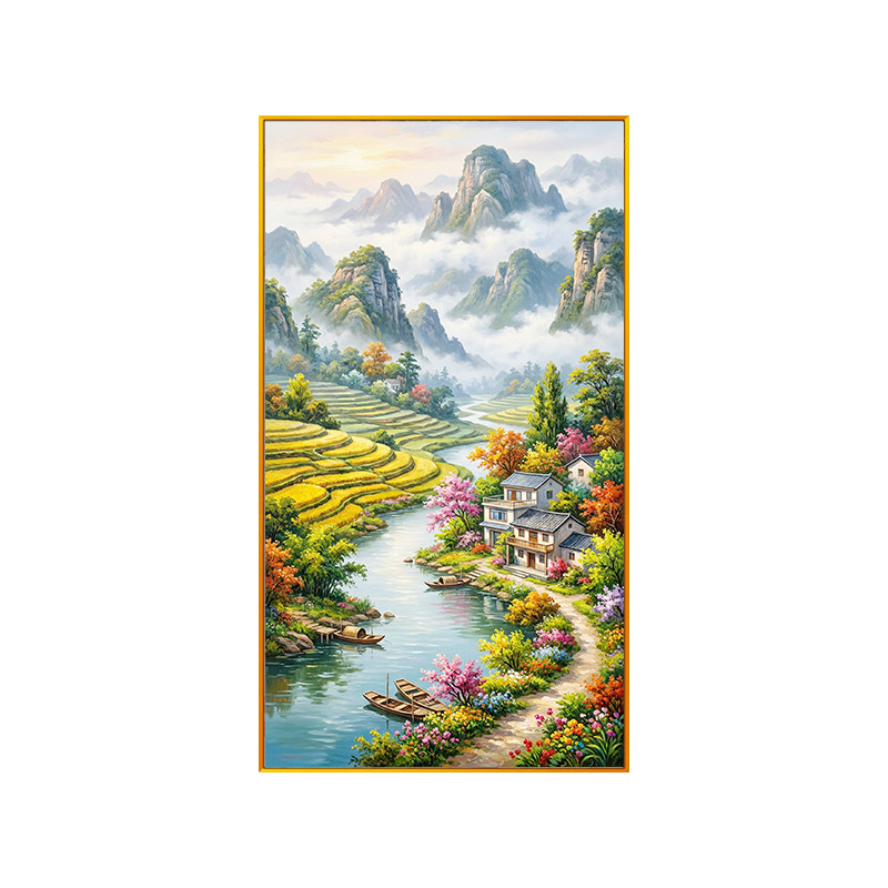 绿水青山田园小屋十字绣2026新款入户玄关全绣山水风景线绣自绣