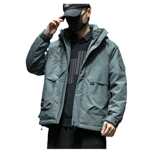 高端鸭绒羽绒服男士宽松百搭连帽工装外套冬季加厚保暖户外夹克潮