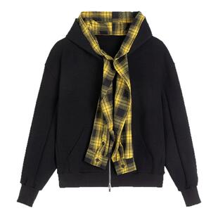 INSOMNIA失眠者 原创设计双层格子拼接连帽宽松假两件卫衣外套男