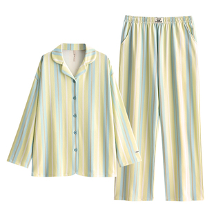 悦内睡衣女士春秋款秋季纯棉长袖家居服秋天休闲开衫大码条纹套装