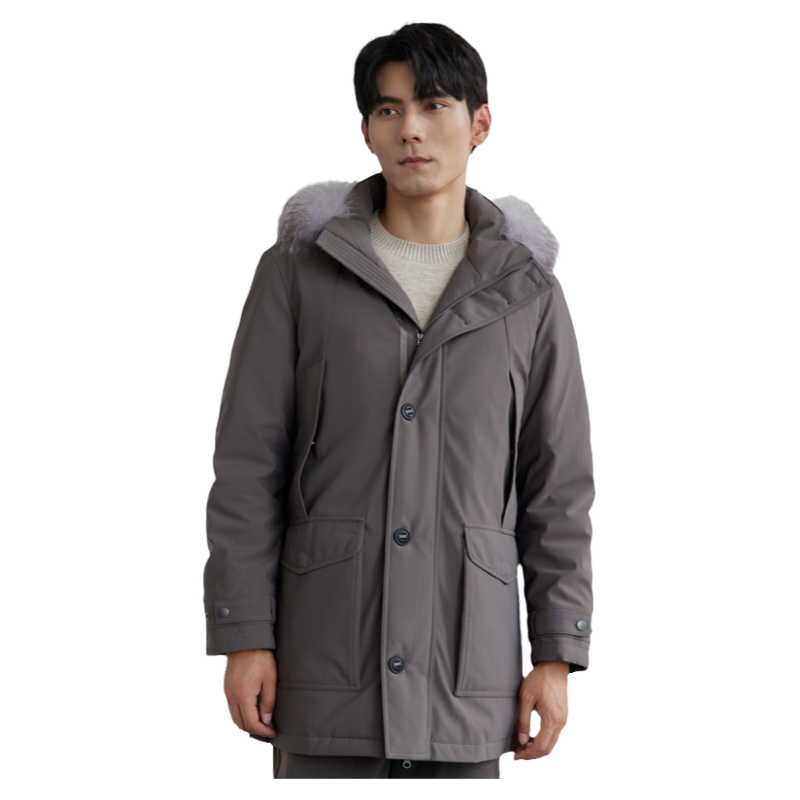 依文保暖中长款毛领羽绒服