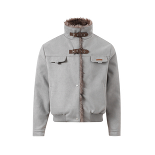 INSstudios 国潮牌美式复古「麂皮加绒立领座山雕」保暖棉衣外套