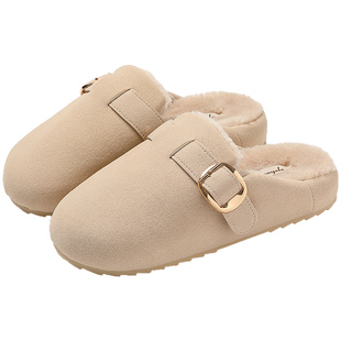 勃肯鞋女款2026新款秋冬季厚底室内家居毛绒保暖包头半拖鞋女外穿