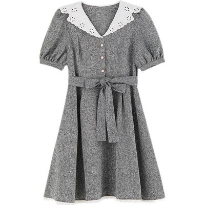 外出v领复古泡泡袖蕾丝孕妇裙