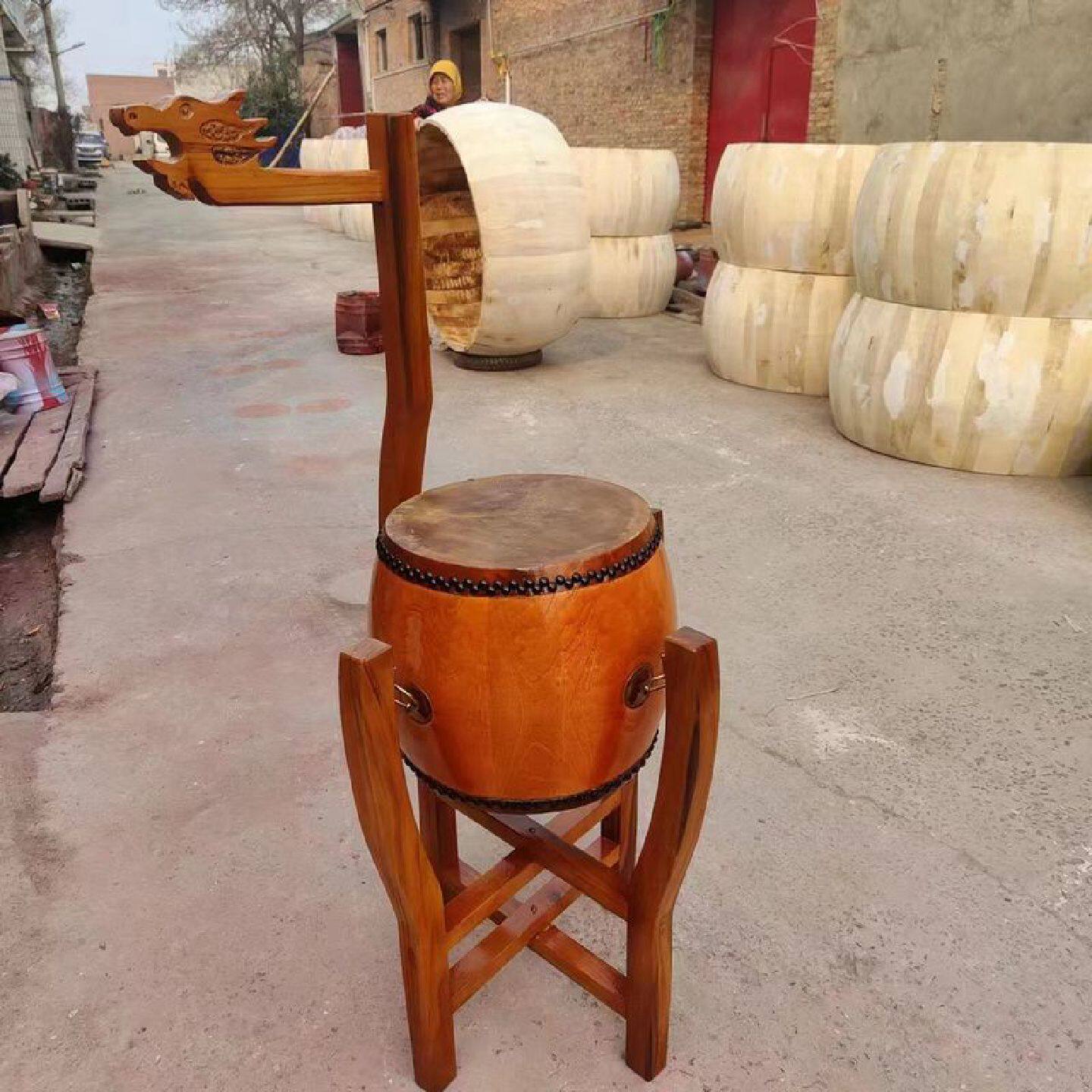 椿木加厚黄牛皮鼓寺院鼓法器白茬锣鼓高音专用道场用实木龙头架子