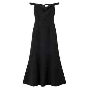 self-portrait 2026早春新款经典黑粗花呢一字肩礼服连衣裙中长裙