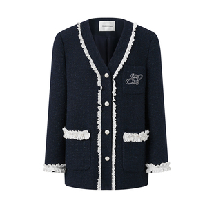 Eimismosol2026春季新款小香风撞色花边中长毛呢V领女西装外套