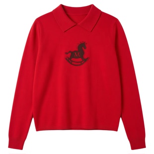 马上来财POLO木马毛衣女装冬新款重工刺绣羊毛羊绒套头显瘦针织衫