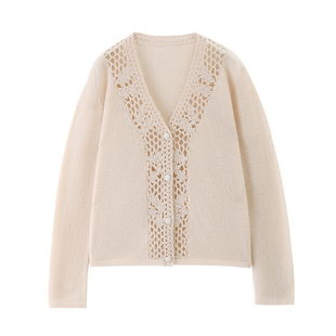 清河纯100%纯羊毛V领勾花镂空开衫女秋冬新年红色氛围感针织外套