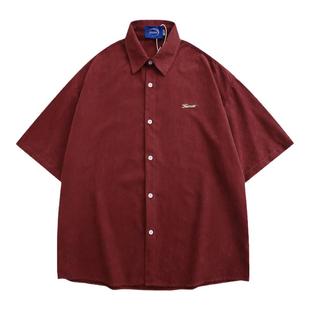 WH先生丝绒简约街头设计感短袖衬衫男夏季复古宽松休闲百搭衬衣