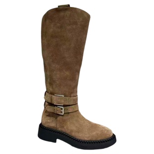 ASH女鞋圆头厚底皮带扣机车靴金属扣粗跟靴长筒骑士靴AP303L40027