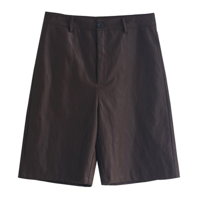 徐大脸吖定制 软糯pu皮中裤秋显瘦阔腿直筒裤子五分裤休闲皮裤女