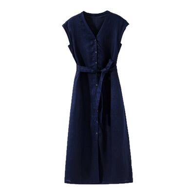 简约通勤100%亚麻及膝连衣裙