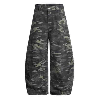 美式复古迷彩工装弯刀阔腿裤宽松