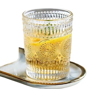 轻奢爆款太阳花玻璃杯浮雕家用水杯套装女夏季咖啡杯子耐热高脚