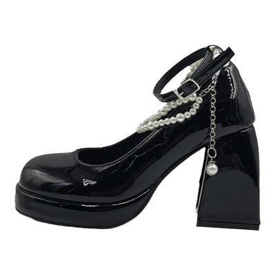 玛丽珍韩版串珠粗跟高跟鞋防水台