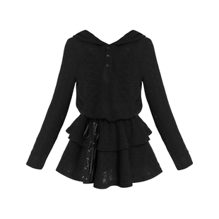 VOCK 松弛有度 暗黑休闲辣妹弹力松紧腰连帽长袖针织裙连衣裙新款