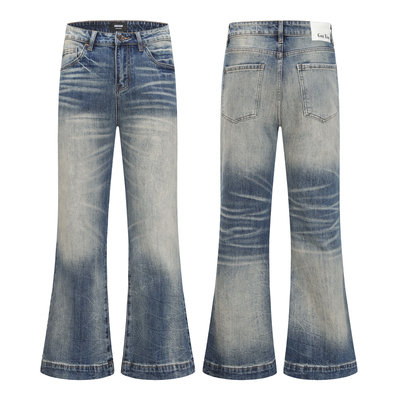 美式复古猫须水洗蓝色牛仔裤