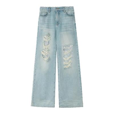 蕾丝破洞牛仔裤女高腰阔腿裤