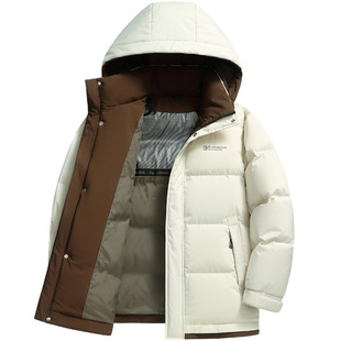 雪中飞羽绒服男短款连帽可脱卸米白色时尚休闲百搭中青年冬季外套