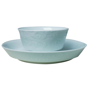 景德镇釉下彩影青浮雕米饭碗家用中式饭碗汤盘高档乔迁礼品可定制