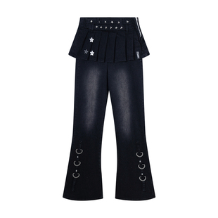 Double L2 美式裤裙一体假两件牛仔裤女轻亚风修身显瘦微喇叭裤子