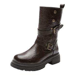 大东dd西部牛仔靴女冬季2025新款女鞋草原骑士靴美拉德棕色短靴子