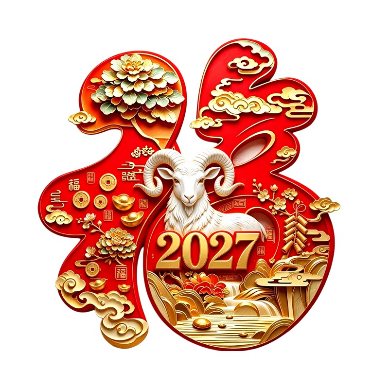 福字白羊羊年墙贴2027新春贴画元宝花卉祥云喜庆门窗防水自粘贴纸
