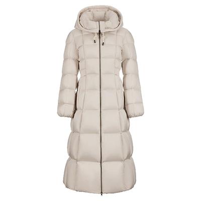 过膝超长鹅绒服，时尚连帽收腰