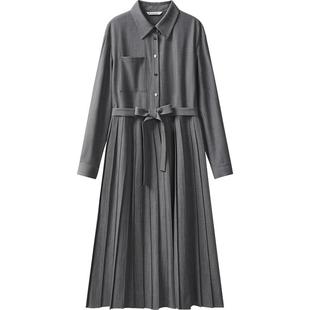 播春秋优雅系带连衣裙女收腰通勤长袖气质裙子DDR3LD5025